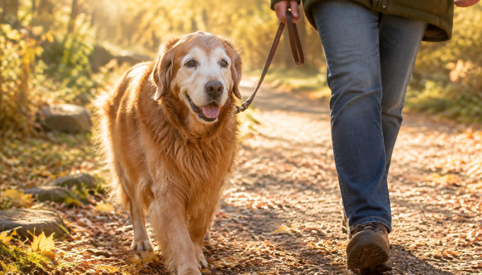 Senior golden retriever walking in a park